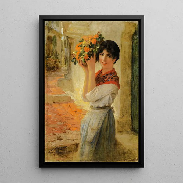 Young Niçoise with a basket - Frederick Arthur Bridgman — framed artwork on a wall