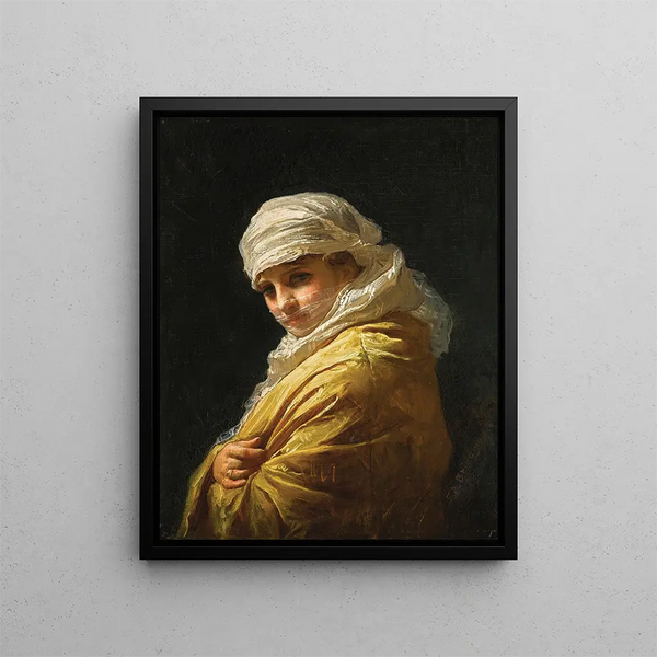 Young woman with white turban - Frederick Arthur Bridgman — framed artwork on a wall