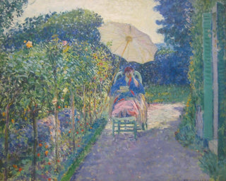 Femme assise dans un jardin - Frederick Carl Frieseke — artwork view