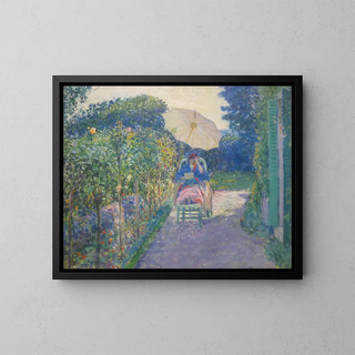 Femme assise dans un jardin - Frederick Carl Frieseke — framed artwork on a wall