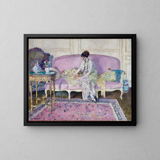 a seated woman on a sofa in an interior - Frederick Carl Frieseke — framed artwork on a wall