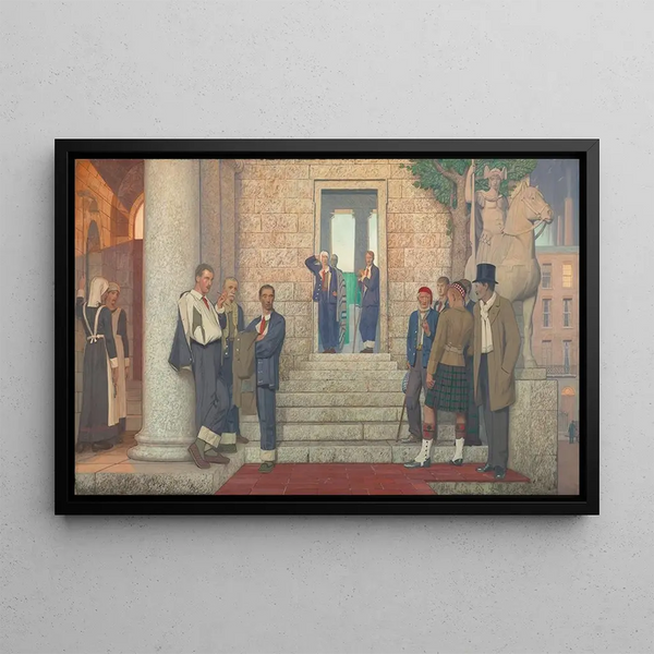 Hommes blessés et malades rassemblés devant un hôpital - Frederick Cayley Robinson — framed artwork on a wall