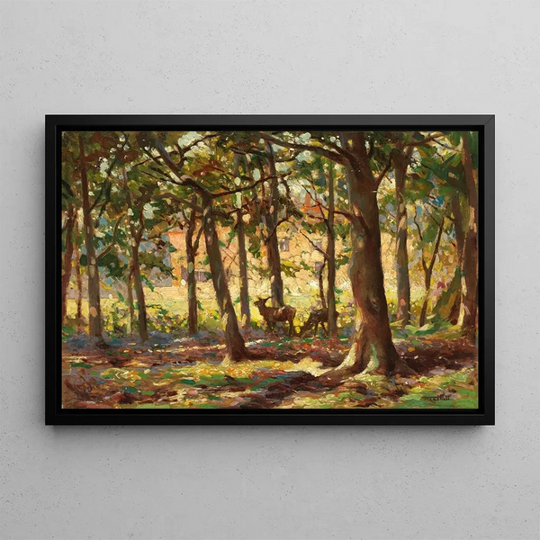 Sunlit Underbrush Deer Painting - Frederick Hall — framed artwork on a wall
