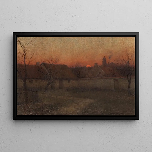 Cabanes de campagne au coucher du soleil - Frederick Judd Waugh — framed artwork on a wall