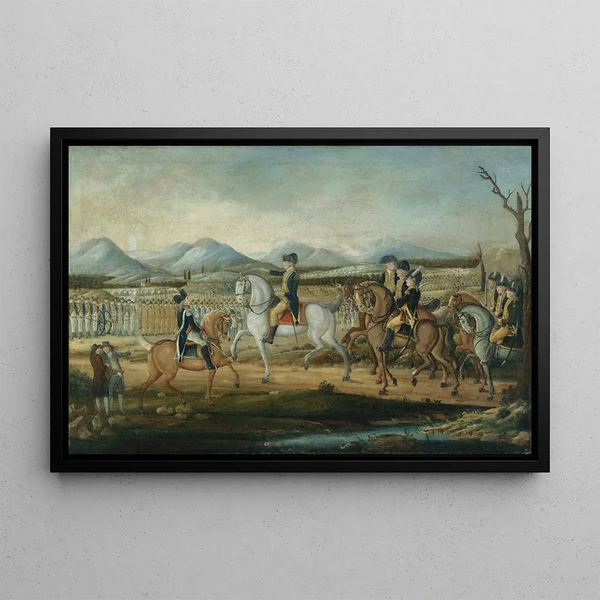 Washington passant en revue l'armée de l'Ouest à Fort Cumberland, Maryland - Frederick Kemmelmeyer — framed artwork on a wall