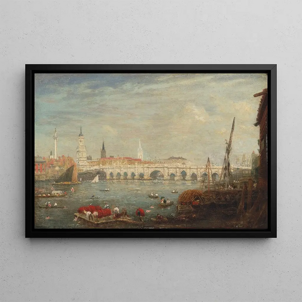 The Monument and the London Bridge - Frederick Nash — framed artwork on a wall