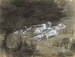 Woman floating in a river assisted by two female spirits - Frederick Trapp Friis — artwork view