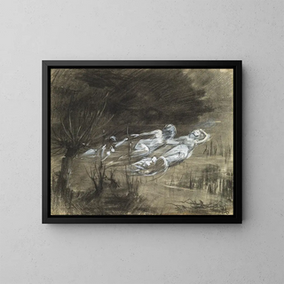 Woman floating in a river assisted by two female spirits - Frederick Trapp Friis — framed artwork on a wall