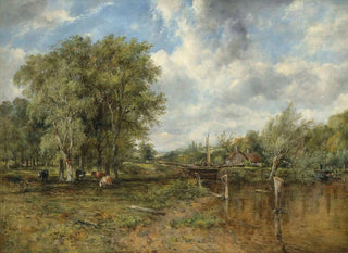 a wooded landscape with livestock and a cottage beyond - Frederick Waters Watts — artwork view