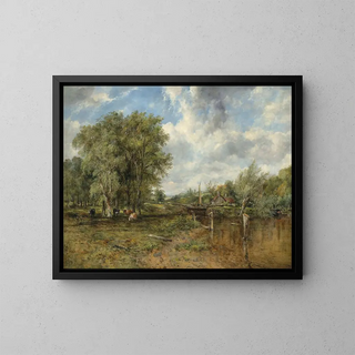 a wooded landscape with livestock and a cottage beyond - Frederick Waters Watts — framed artwork on a wall
