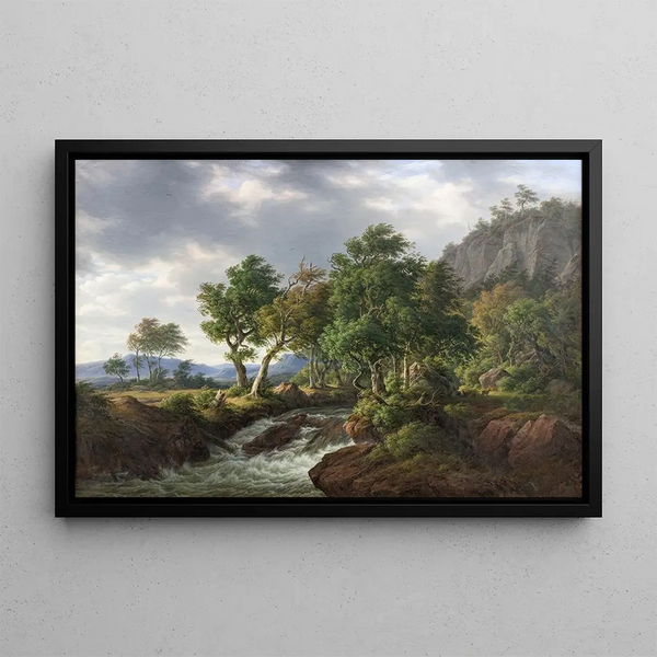 Landscape painting of cliffs Djupadal in Blekinge - Frederik Christian Jakobsen Kirskou — framed artwork on a wall