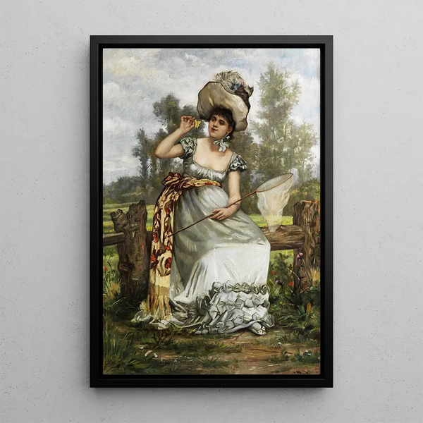 Young Lady catching Butterflies - Frederik Hendrik Kaemmerer — framed artwork on a wall