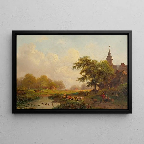 Summer landscape painting with shepherds and livestock near a village - Frederik Marinus Kruseman — framed artwork on a wall
