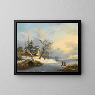 Winter landscape with walkers and skaters - Frederik Marinus Kruseman — framed artwork on a wall
