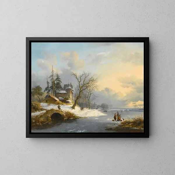 Winter landscape with walkers and skaters - Frederik Marinus Kruseman — framed artwork on a wall