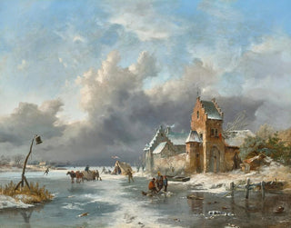 Winter landscape painting with figures on an icy river - Frederik Marinus Kruseman — artwork view