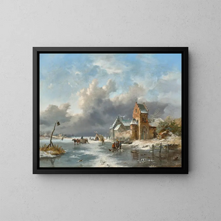 Winter landscape painting with figures on an icy river - Frederik Marinus Kruseman — framed artwork on a wall