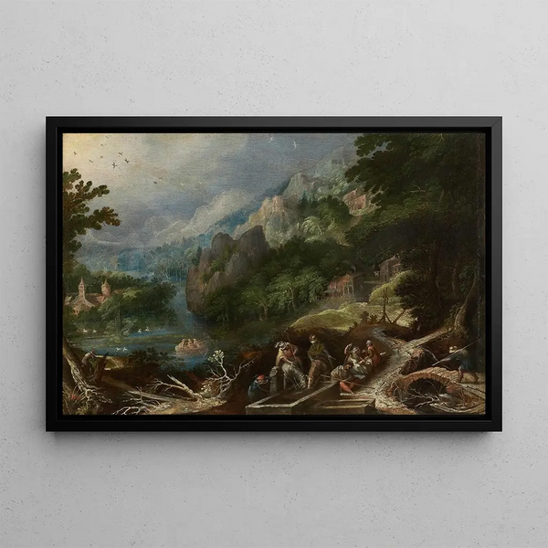Mountain landscape painting with travelers at a well - Frederik van Valckenborch — framed artwork on a wall