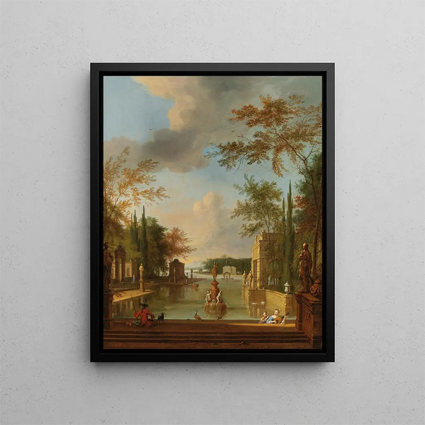 a park landscape with musicians - Frederik de Moucheron — framed artwork on a wall
