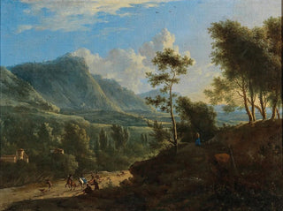 an Italian landscape with a hunting party - Frederik de Moucheron — artwork view