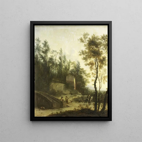 Italian landscape painting with hunters - Frederik de Moucheron — framed artwork on a wall