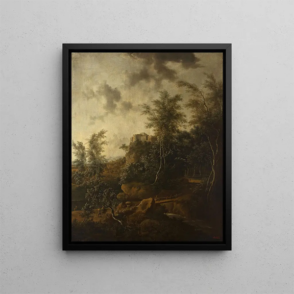 Landscape painting with a castle - Frederik de Moucheron — framed artwork on a wall