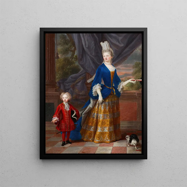 Portrait of an elegant 25-year-old lady accompanied by a young boy and a spaniel - French School — framed artwork on a wall