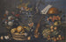Nature morte with various fruits in a basket and on a ledge, flowers in a vase, musical instruments, and a monkey with a flute - French School — artwork view