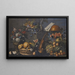 Nature morte with various fruits in a basket and on a ledge, flowers in a vase, musical instruments, and a monkey with a flute - French School — framed artwork on a wall