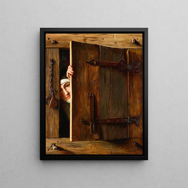 a small trompe-l'œil with a young nun looking through a shutter - French School — framed artwork on a wall
