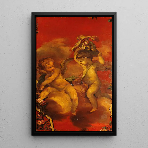 Two Geniuses with a Helmet - French School — framed artwork on a wall