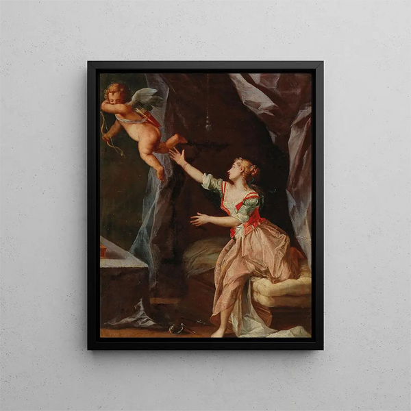 Interior painting with a woman and Cupid flying away - French School — framed artwork on a wall