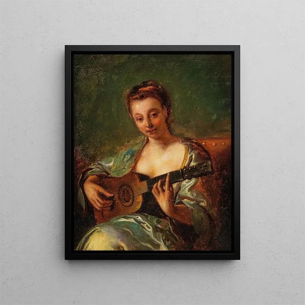 Dame playing guitar - French School — framed artwork on a wall