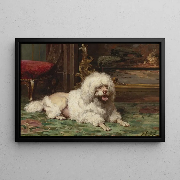 Caniche reposant sur le foyer - Ecole Française — framed artwork on a wall