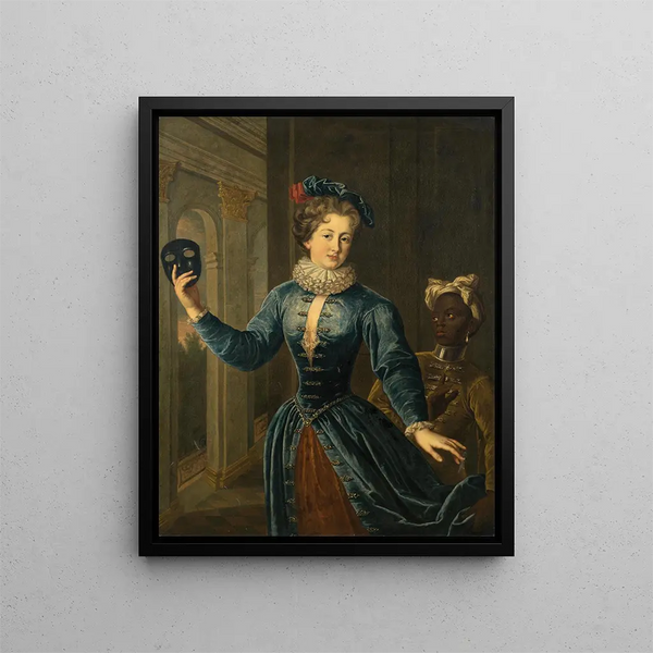 Portrait of a lady with a page and a mask - French School — framed artwork on a wall