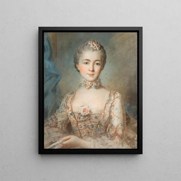 Portrait of a woman in a floral dress - French School — framed artwork on a wall