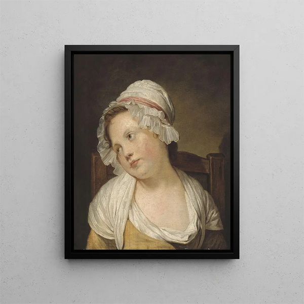 Portrait of a Little Girl with a White Bonnet - French School — framed artwork on a wall