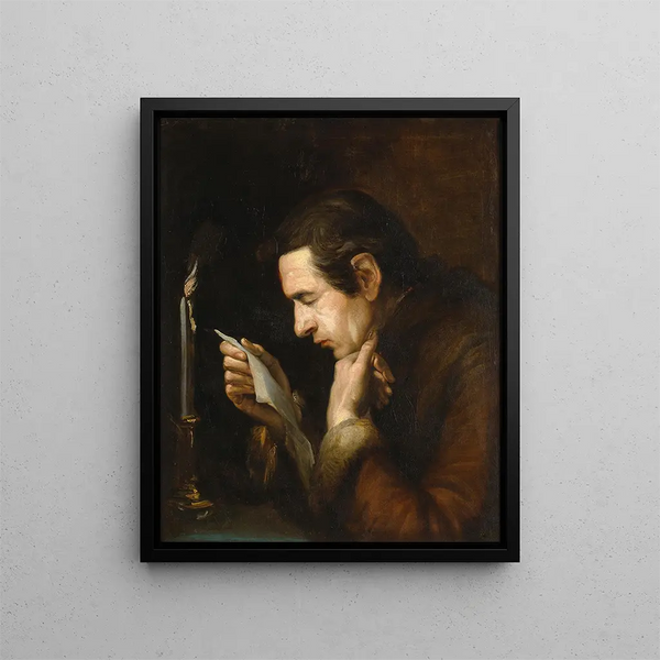 Portrait of a man by candlelight - French School — framed artwork on a wall