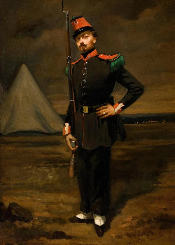 Portrait of a French soldier in uniform near his camp - French School — framed artwork on a wall