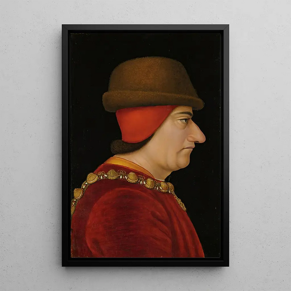 Portrait painting of Louis XI, King of France 1423-1483, wearing the Order of Saint Michael - French School — framed artwork on a wall