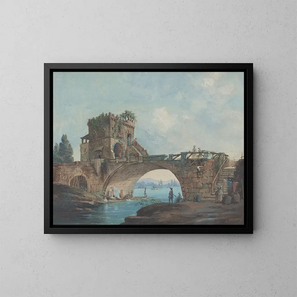 The Salario Bridge with Laundresses - French School — framed artwork on a wall