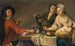 two young men and a woman holding a child sitting at a table drinking wine - French School — artwork view