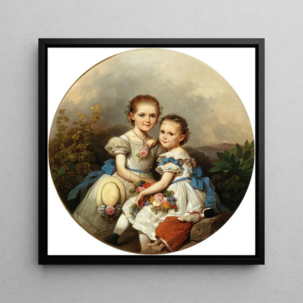 Brothers and Sisters with Straw Hat and Doll - Johann Grund — framed artwork on a wall