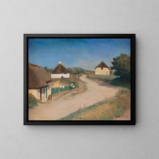 Houses along a road in Mors, Jutland - Fridolin Johansen — framed artwork on a wall