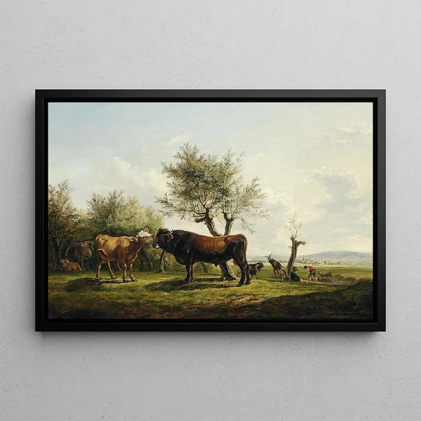 a cow licking a bull in the pasture - Friedrich August Matthias Gauermann — framed artwork on a wall