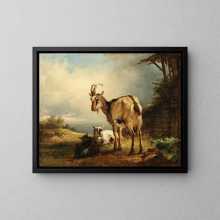 a goat with two kids - Friedrich August Matthias Gauermann — framed artwork on a wall