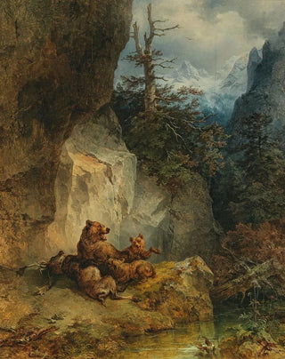 Friedrich August Matthias Gauermann - A mother bear and her cubs with a stag.webp