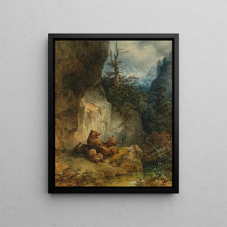 Friedrich August Matthias Gauermann - A mother bear and her cubs with a stag.webp