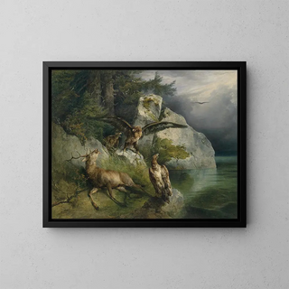 Eagle and dying deer - Friedrich August Matthias Gauermann — framed artwork on a wall