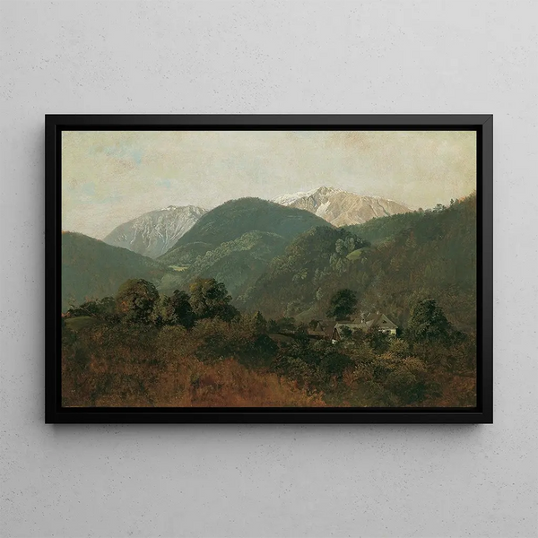 View of Scheuchenstein towards the Gauermannhof with Schneeberg in the background - Friedrich August Matthias Gauermann — framed artwork on a wall